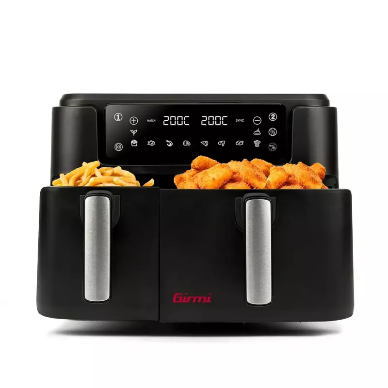 Frytkownica beztłuszczowa Girmi FG26, frytkownica na blat z podwójnym koszem, łącznie 9 l (5,5 l + 3,5 l), 2400 W, 10 programów, do 200 °C