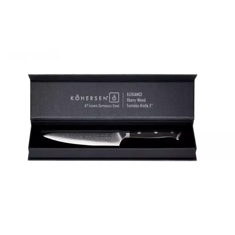 Nóż uniwersalny KOHERSEN Elegance z hebanowego drewna, ostrze damasceńskie 12,7 cm, całkowita długość 243 mm, waga 127 g