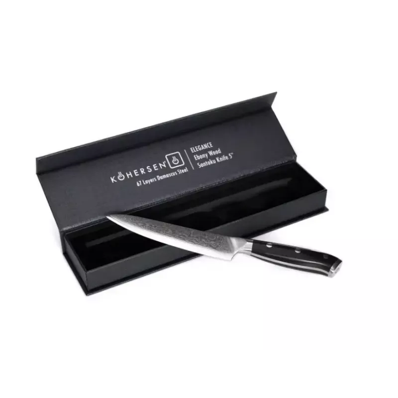 Nóż uniwersalny KOHERSEN Elegance z hebanowego drewna, ostrze damasceńskie 12,7 cm, całkowita długość 243 mm, waga 127 g