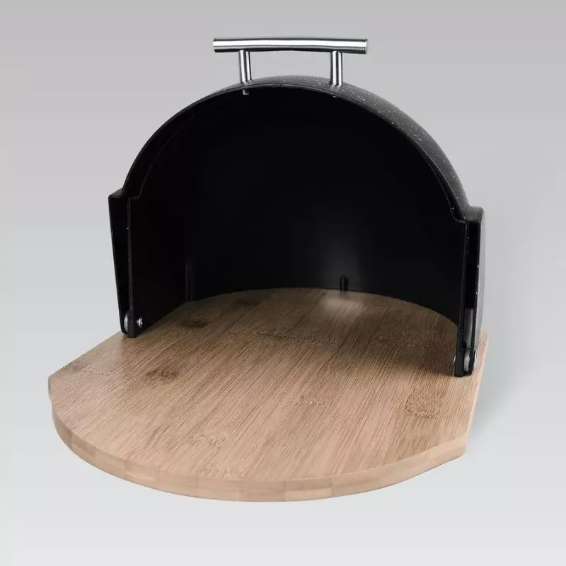 Pojemnik na chleb Maestro MR-1678G-Czarny — owalny pojemnik do przechowywania pieczywa, tworzywo sztuczne z pokrywą bambusową, 350×200×250 mm