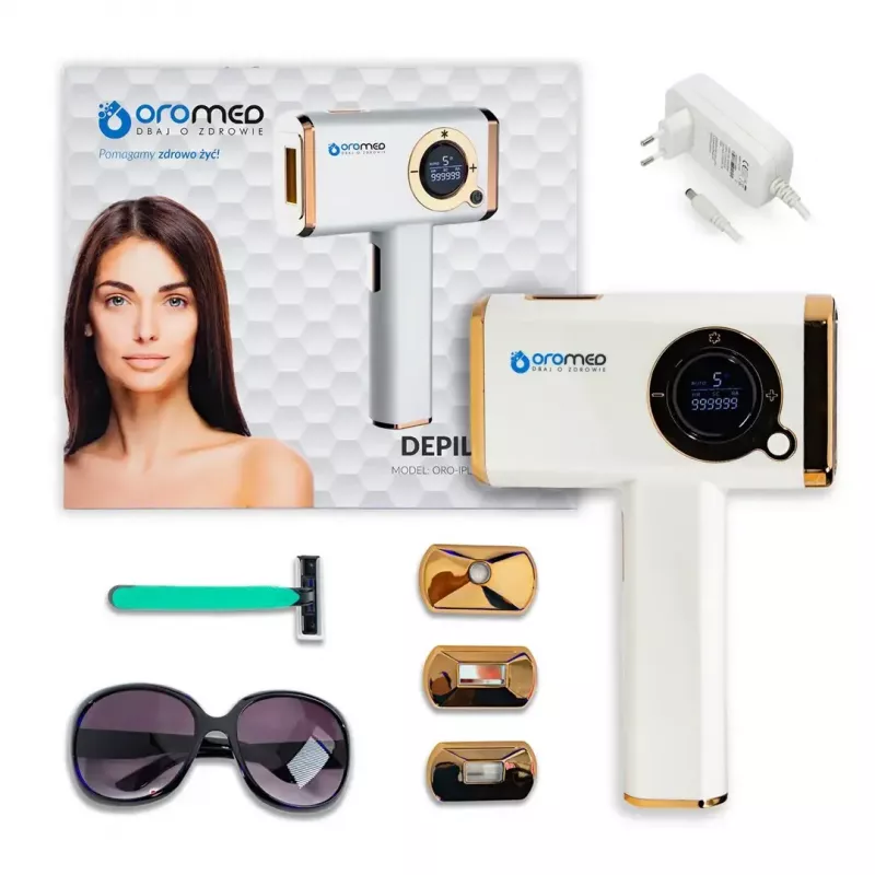 Epilator ORO-MED ORO-IPL ICE – Laserowy depilator IPL do włosów i ciała, 48 W, 3 wymienne nasadki, okulary ochronne