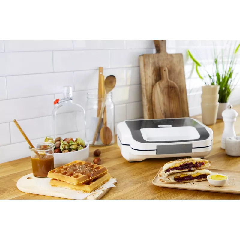 Opiekacz do kanapek Tefal SW7011 — 850 W, stal nierdzewna i biała, kompaktowy 238×276×98 mm