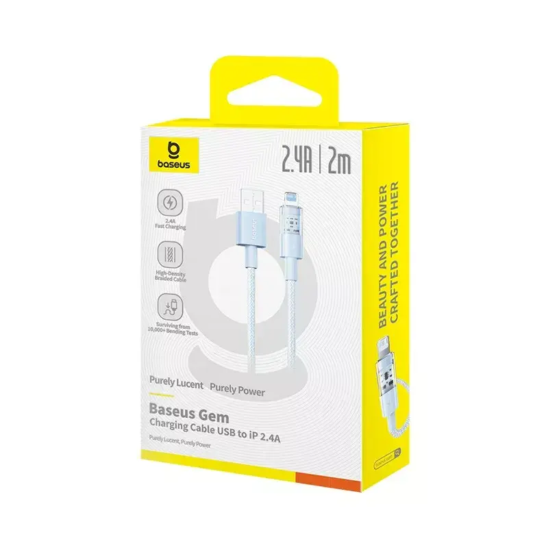 Kabel USB Baseus Gem P10373003311-01 — 2 m, 2.4 A, Lightning na USB-A, powłoka nylonowa, niebieski