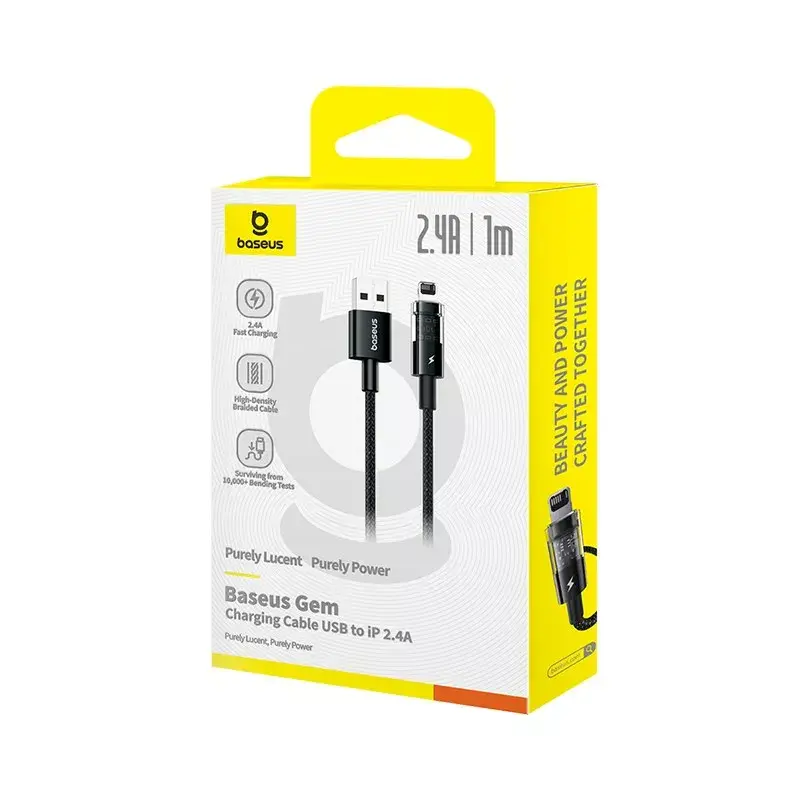 Kabel ładujący USB Baseus Gem P10373003111-00, 1 m, 2,4 A, nylonowy oplot, Lightning, USB-A, czarny