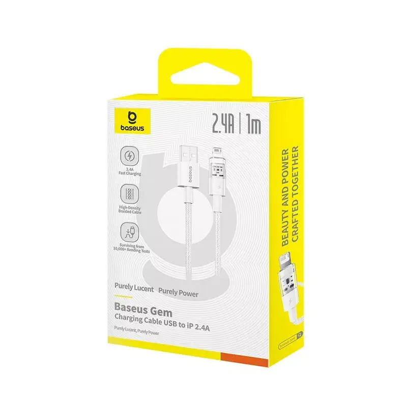 Kabel ładujący USB Baseus Gem P10373003211-00, 1 m, 2.4 A, Lightning/USB-A, biały, nylonowy oplot