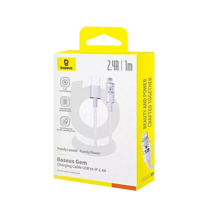 Kabel USB Baseus Gem P10373003511-00 — 1 m nylon, Lightning do USB-A, szybkie ładowanie 2,4 A, fioletowy