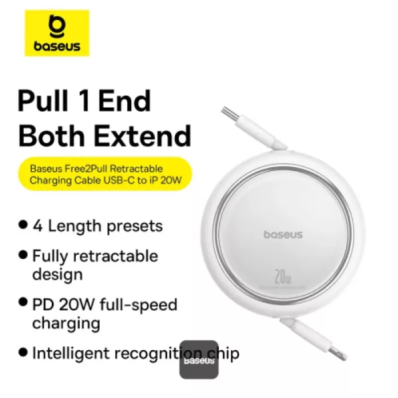 BASEUS Free2pull Rozsuwany Kabel USB-C do Lightning Szybkie Ładowanie 1 M 20 W Biały