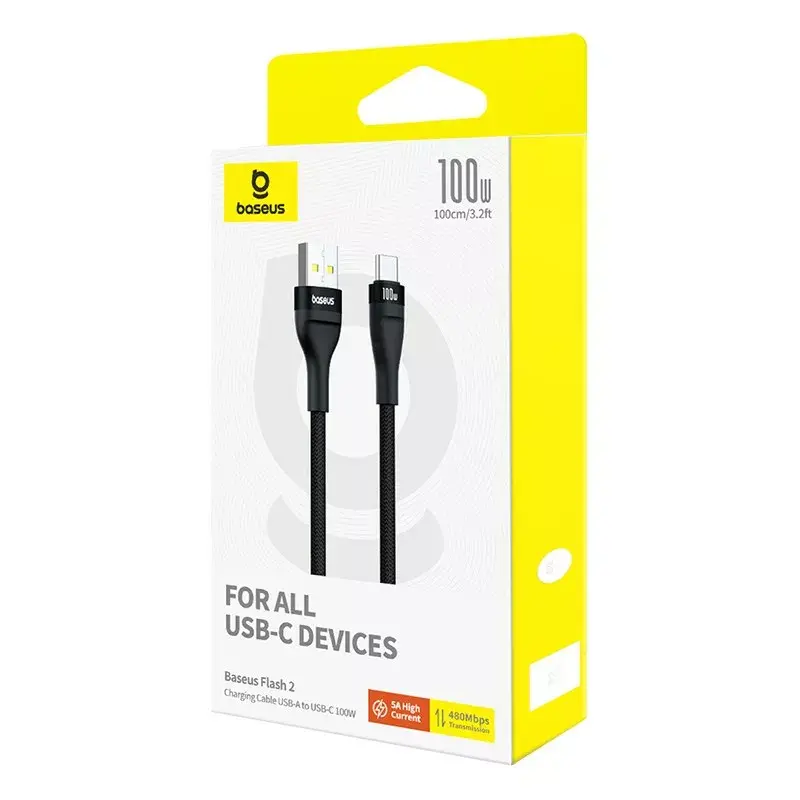 Kabel USB A do USB C Baseus Flash 2 1m 100W Czarny, USB PD, 480 Mbps, Nylon