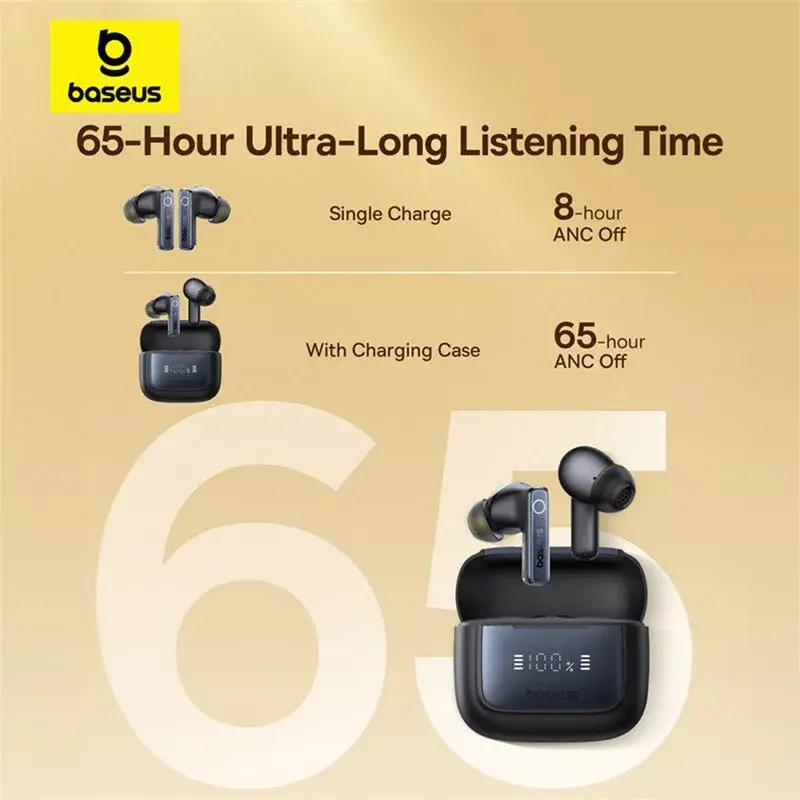 Prawdziwie bezprzewodowy zestaw słuchawkowy douszny Baseus 35 True — Bluetooth 5.3, ANC, 8 godz. odtwarzania (ANC wył.), 65 godz. z etui, etui 800 mAh, USB-C, czarny