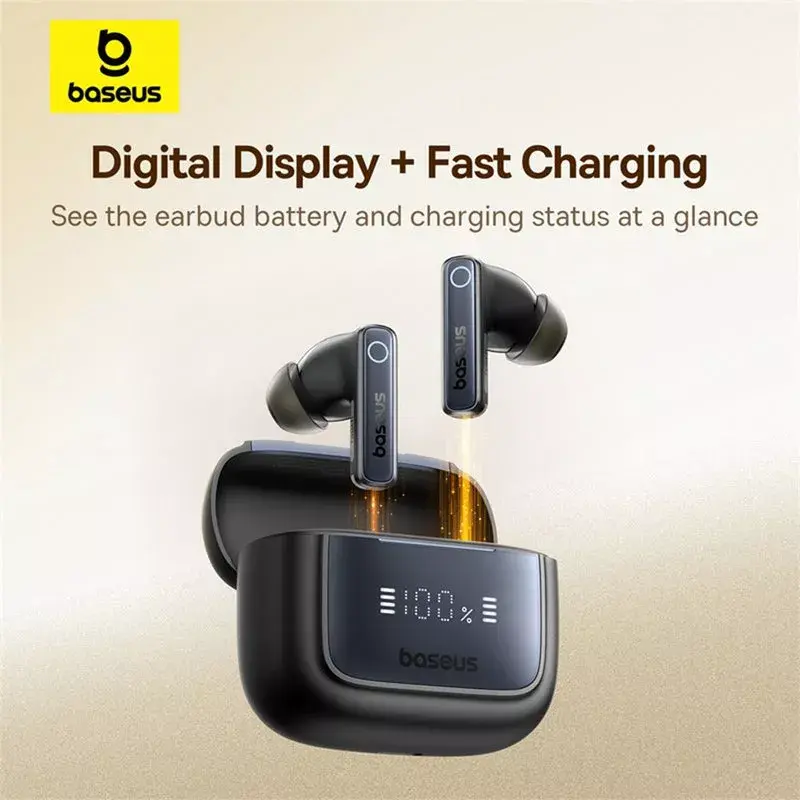 Prawdziwie bezprzewodowy zestaw słuchawkowy douszny Baseus 35 True — Bluetooth 5.3, ANC, 8 godz. odtwarzania (ANC wył.), 65 godz. z etui, etui 800 mAh, USB-C, czarny