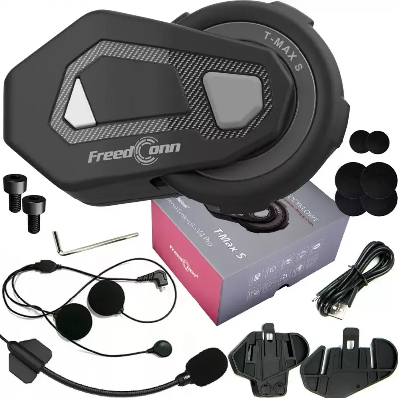 Zestaw słuchawkowy FreedConn T-MAX S V4 PRO SINGLE — Bluetooth 5.1, interkom do 1000 m, radio FM, 11 h czasu rozmów, LiPo 500 mAh