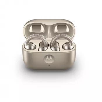 Zestaw słuchawkowy Motorola Moto Buds Loop Bluetooth nauszny na klips, Dolby Atmos, Bluetooth 5.0, ANC, 8 h odtwarzania, etui ładujące 520 mAh, beżowy