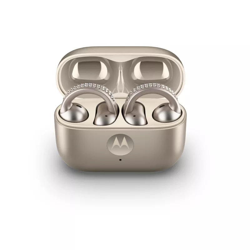 Zestaw słuchawkowy Motorola Moto Buds Loop Bluetooth nauszny na klips, Dolby Atmos, Bluetooth 5.0, ANC, 8 h odtwarzania, etui ładujące 520 mAh, beżowy