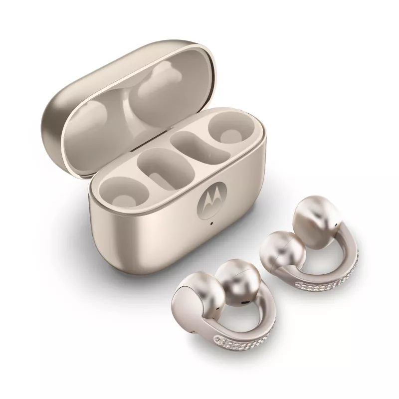 Zestaw słuchawkowy Motorola Moto Buds Loop Bluetooth nauszny na klips, Dolby Atmos, Bluetooth 5.0, ANC, 8 h odtwarzania, etui ładujące 520 mAh, beżowy