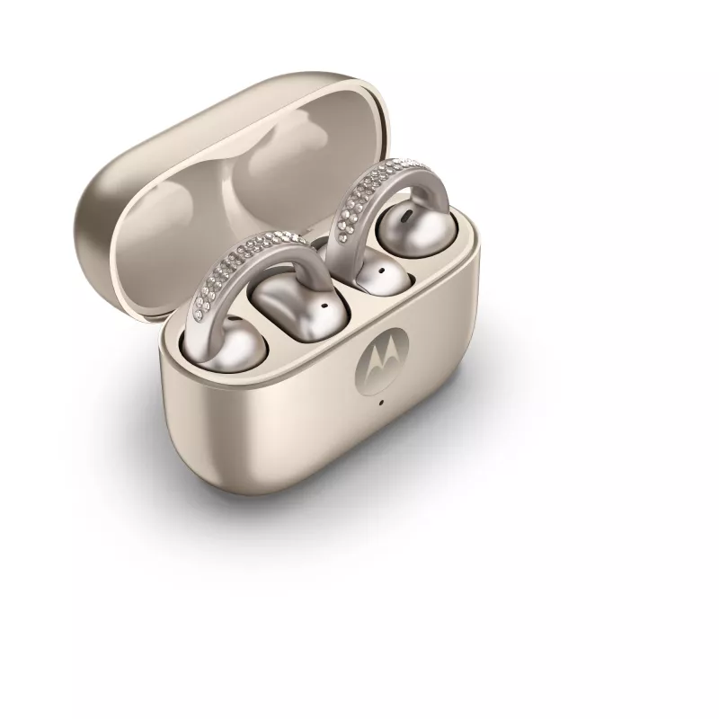 Zestaw słuchawkowy Motorola Moto Buds Loop Bluetooth nauszny na klips, Dolby Atmos, Bluetooth 5.0, ANC, 8 h odtwarzania, etui ładujące 520 mAh, beżowy