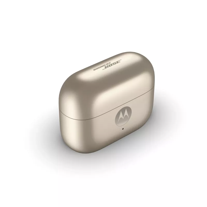 Zestaw słuchawkowy Motorola Moto Buds Loop Bluetooth nauszny na klips, Dolby Atmos, Bluetooth 5.0, ANC, 8 h odtwarzania, etui ładujące 520 mAh, beżowy