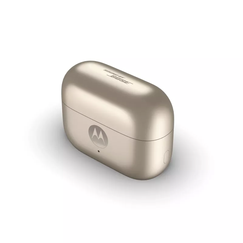 Zestaw słuchawkowy Motorola Moto Buds Loop Bluetooth nauszny na klips, Dolby Atmos, Bluetooth 5.0, ANC, 8 h odtwarzania, etui ładujące 520 mAh, beżowy