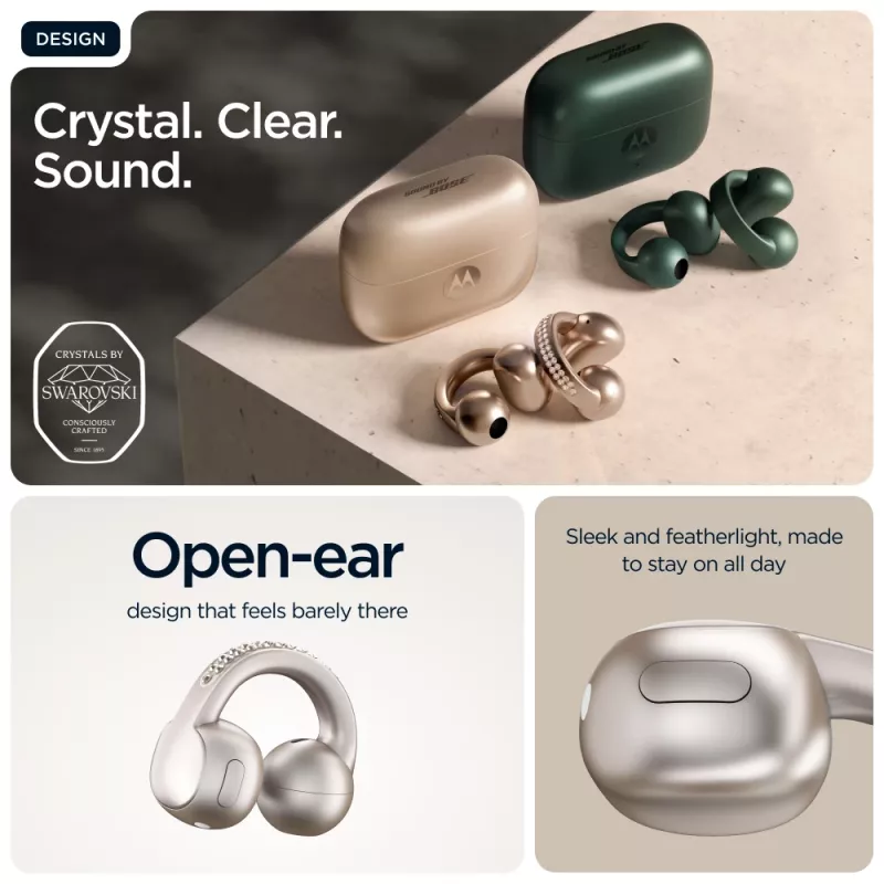 Zestaw słuchawkowy Motorola Moto Buds Loop Bluetooth nauszny na klips, Dolby Atmos, Bluetooth 5.0, ANC, 8 h odtwarzania, etui ładujące 520 mAh, beżowy