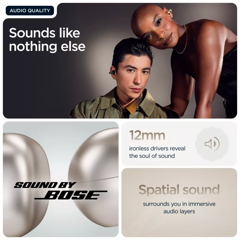 Zestaw słuchawkowy Motorola Moto Buds Loop Bluetooth nauszny na klips, Dolby Atmos, Bluetooth 5.0, ANC, 8 h odtwarzania, etui ładujące 520 mAh, beżowy