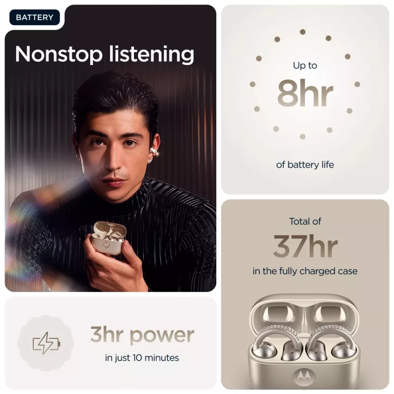 Zestaw słuchawkowy Motorola Moto Buds Loop Bluetooth nauszny na klips, Dolby Atmos, Bluetooth 5.0, ANC, 8 h odtwarzania, etui ładujące 520 mAh, beżowy