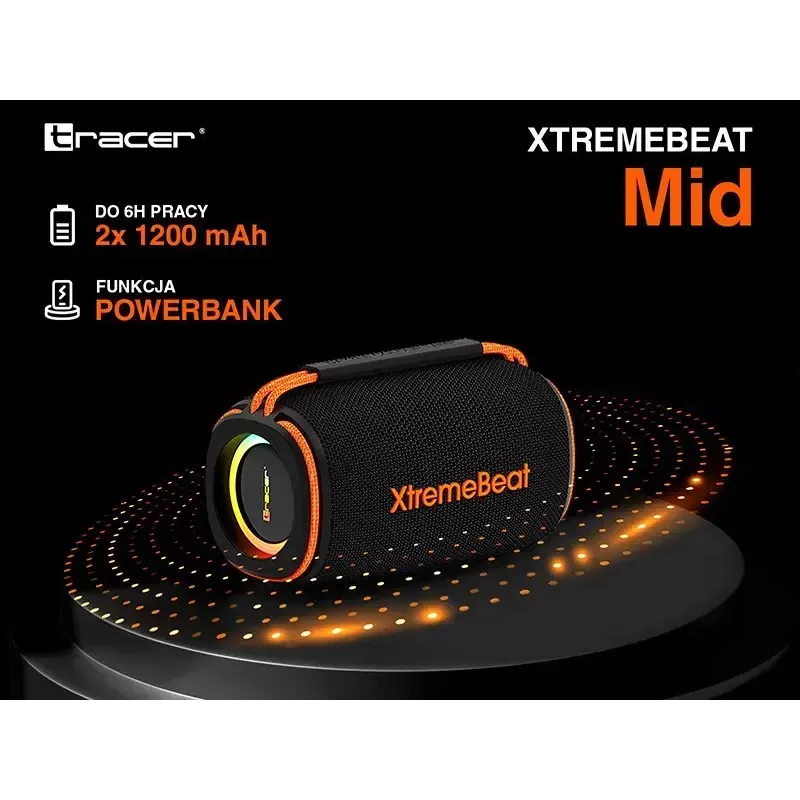 Przenośny głośnik stereo TRACER XtremeBeat TWS — 15 W, IPX6, Bluetooth 5.3, 6 h, AUX/USB, mikrofon