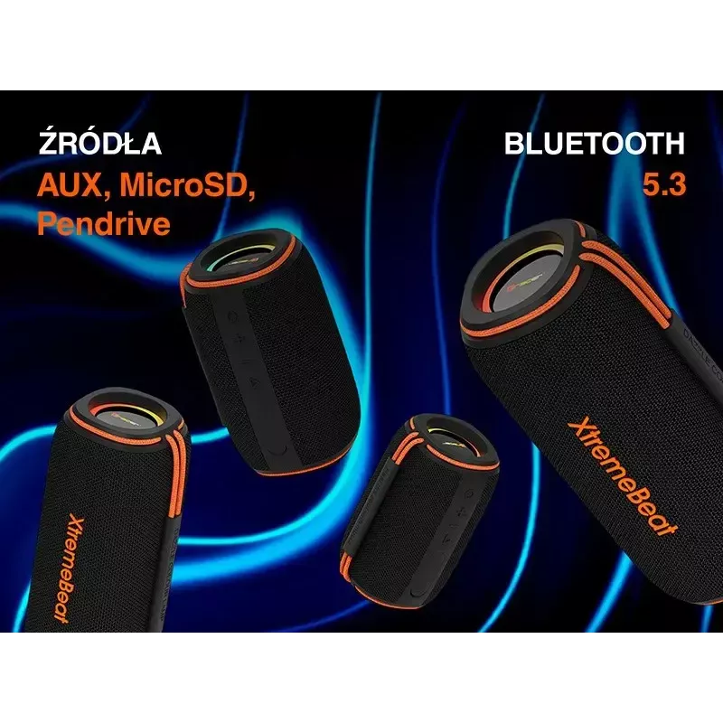 Przenośny głośnik stereo TRACER XtraVox XL TWS BT RGB — 25 W RMS, IPX6, Bluetooth 5.3, AUX, USB-A