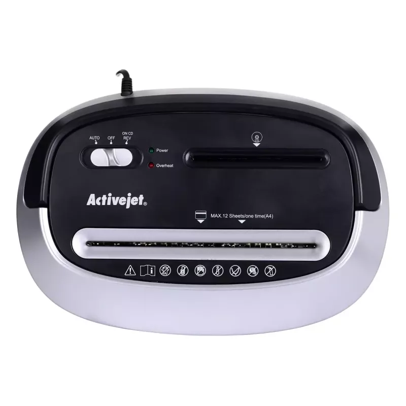Niszczarka papieru ActiveJet ASH-1201D, cięcie paskowe 5 x 38 mm, wejście 22 cm, pojemność 12 arkuszy, kosz 25 L, P-3, czarna