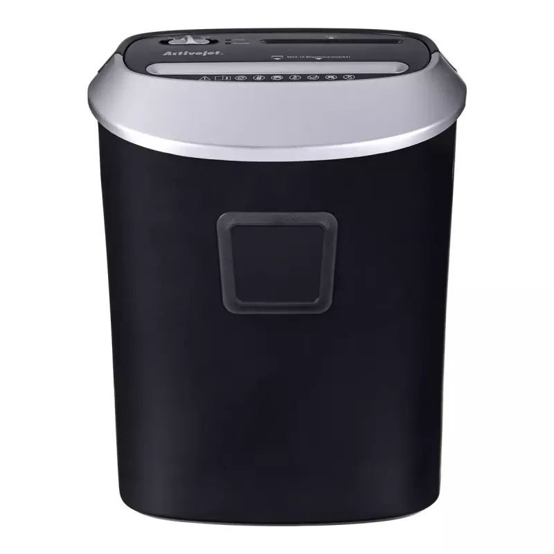 Niszczarka papieru ActiveJet ASH-1201D, cięcie paskowe 5 x 38 mm, wejście 22 cm, pojemność 12 arkuszy, kosz 25 L, P-3, czarna