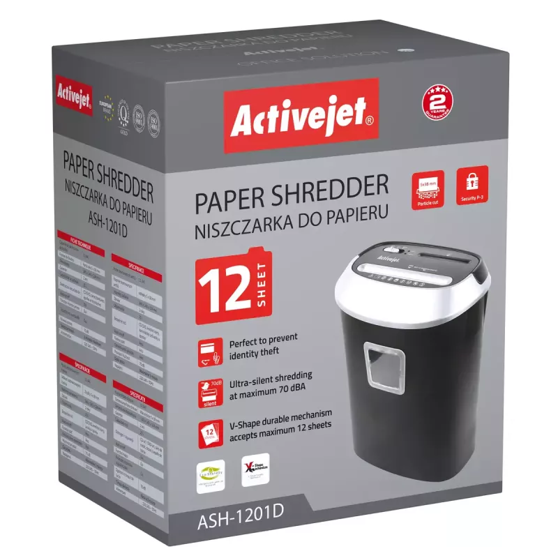 Niszczarka papieru ActiveJet ASH-1201D, cięcie paskowe 5 x 38 mm, wejście 22 cm, pojemność 12 arkuszy, kosz 25 L, P-3, czarna