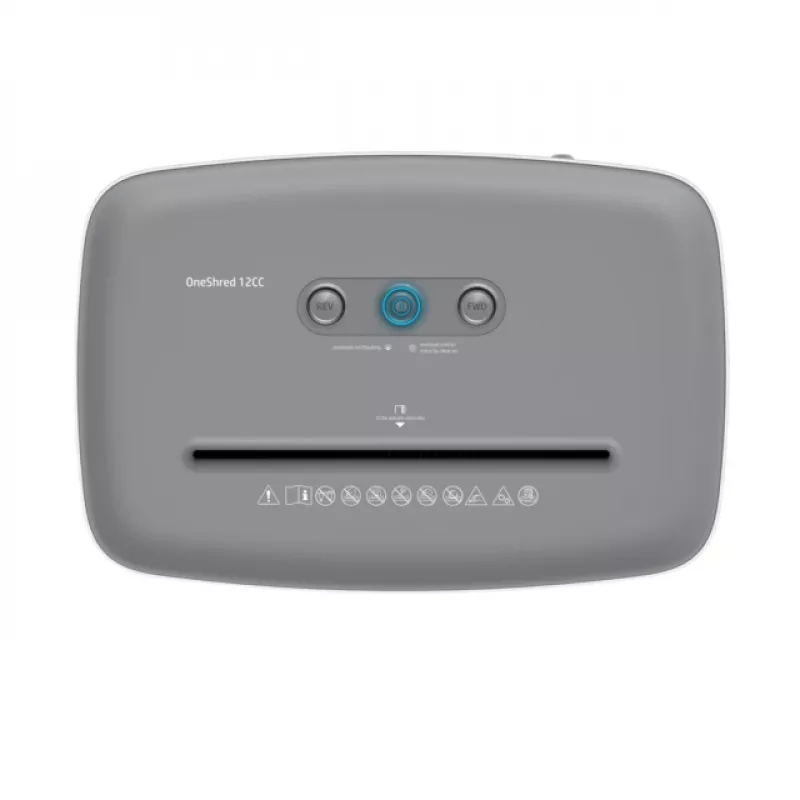 Niszczarka HP OneShred 12CC cięcie cząsteczkowe P-4 pojemność 12 arkuszy szerokość 22 cm kosz 23 L 4×35 mm 65 dB Biała