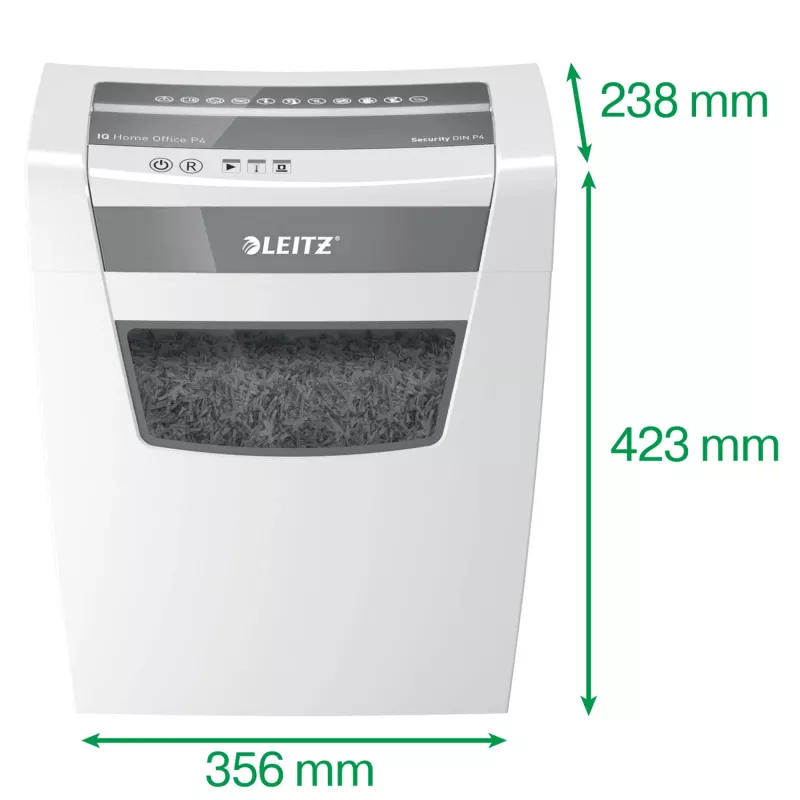 Leitz IQ Home Office Niszczarka do papieru P4, cięcie na cząsteczki, 22 cm, 4 x 28 mm, 23 l, 225 arkuszy, 58 dB