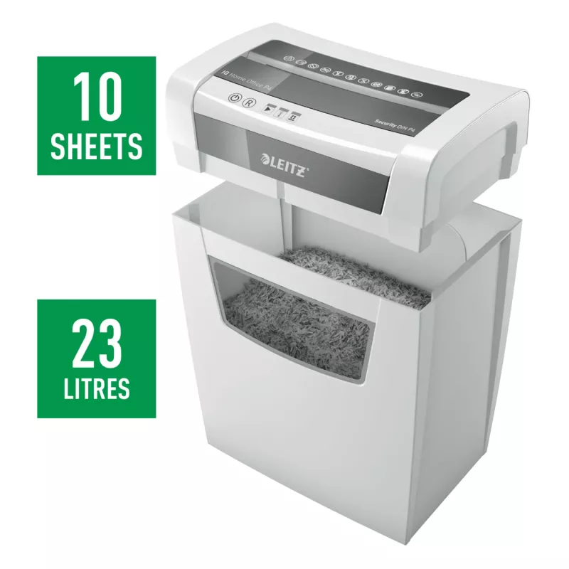 Leitz IQ Home Office Niszczarka do papieru P4, cięcie na cząsteczki, 22 cm, 4 x 28 mm, 23 l, 225 arkuszy, 58 dB