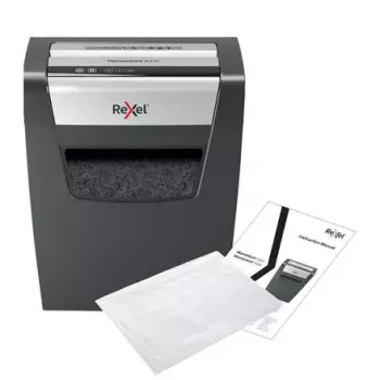 Niszczarka papieru REXEL Momentum X410 — ścinki cząsteczkowe P-4, 4 x 28 mm, pojemność 10 arkuszy, kosz 23 l, mechanizm przeciwzatarciowy