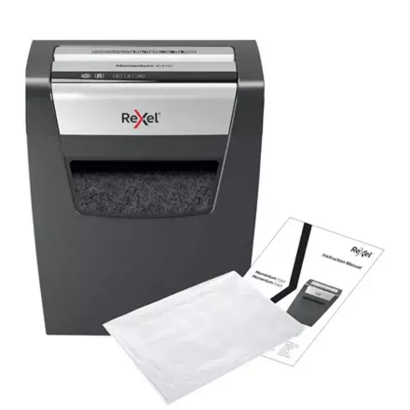 Niszczarka papieru REXEL Momentum X410 — ścinki cząsteczkowe P-4, 4 x 28 mm, pojemność 10 arkuszy, kosz 23 l, mechanizm przeciwzatarciowy