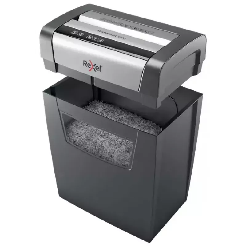 Niszczarka papieru REXEL Momentum X410 — ścinki cząsteczkowe P-4, 4 x 28 mm, pojemność 10 arkuszy, kosz 23 l, mechanizm przeciwzatarciowy