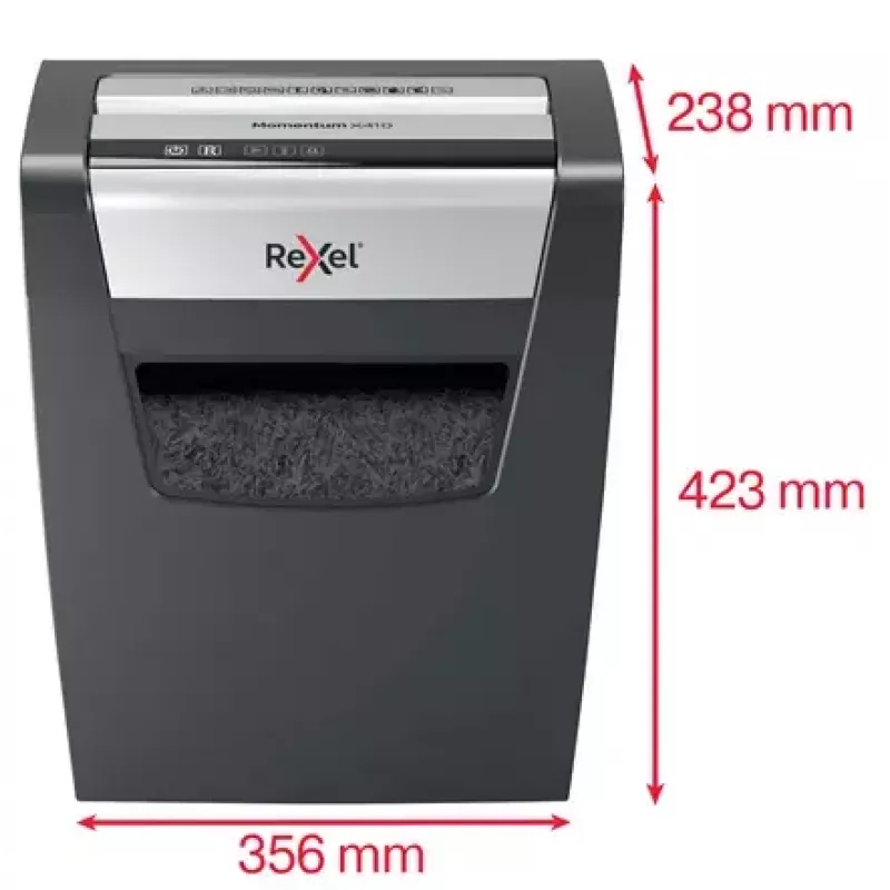 Niszczarka papieru REXEL Momentum X410 — ścinki cząsteczkowe P-4, 4 x 28 mm, pojemność 10 arkuszy, kosz 23 l, mechanizm przeciwzatarciowy
