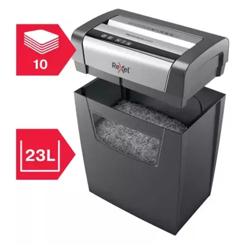 Niszczarka papieru REXEL Momentum X410 — ścinki cząsteczkowe P-4, 4 x 28 mm, pojemność 10 arkuszy, kosz 23 l, mechanizm przeciwzatarciowy