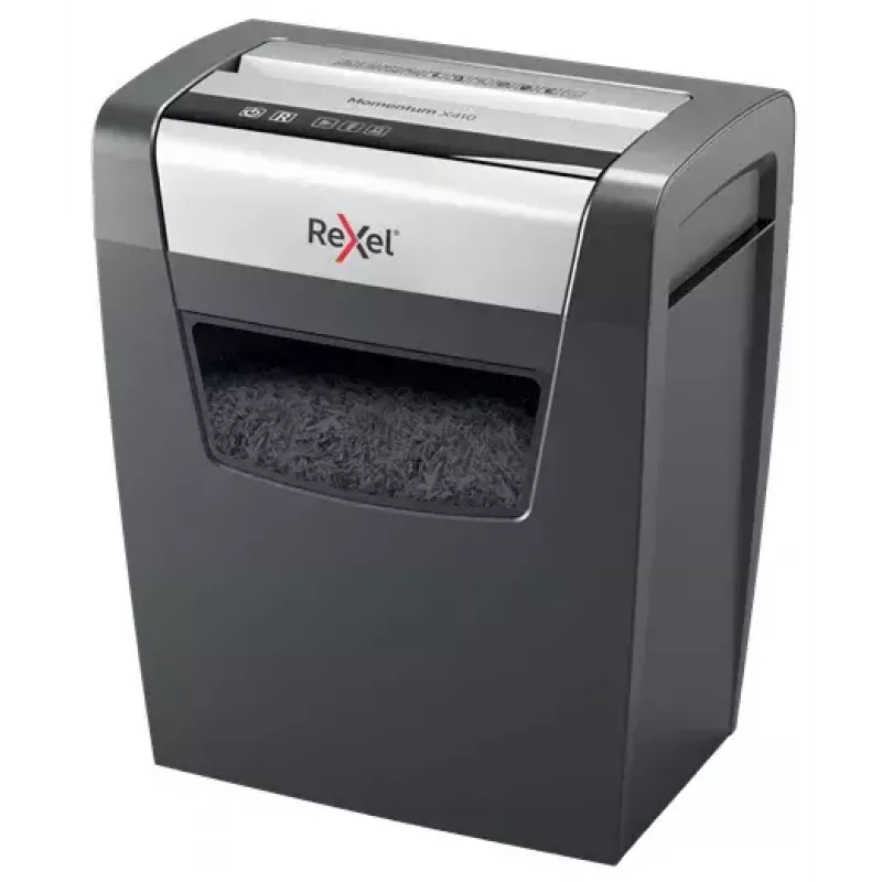 Niszczarka papieru REXEL Momentum X410 — ścinki cząsteczkowe P-4, 4 x 28 mm, pojemność 10 arkuszy, kosz 23 l, mechanizm przeciwzatarciowy
