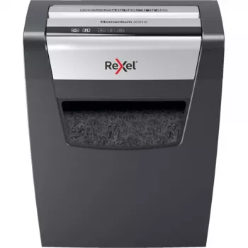 Niszczarka papieru REXEL Momentum X410 — ścinki cząsteczkowe P-4, 4 x 28 mm, pojemność 10 arkuszy, kosz 23 l, mechanizm przeciwzatarciowy