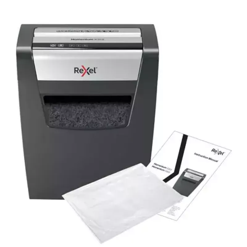 Niszczarka REXEL Momentum X312 — cięcie na cząsteczki P-3, pojemność 12 arkuszy, kosz 23 l, 5 x 42 mm