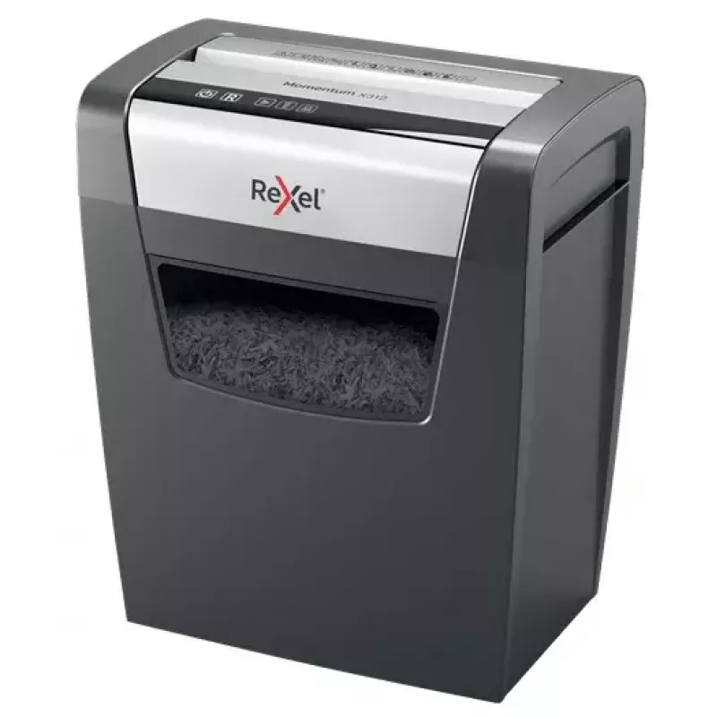 Niszczarka REXEL Momentum X312 — cięcie na cząsteczki P-3, pojemność 12 arkuszy, kosz 23 l, 5 x 42 mm