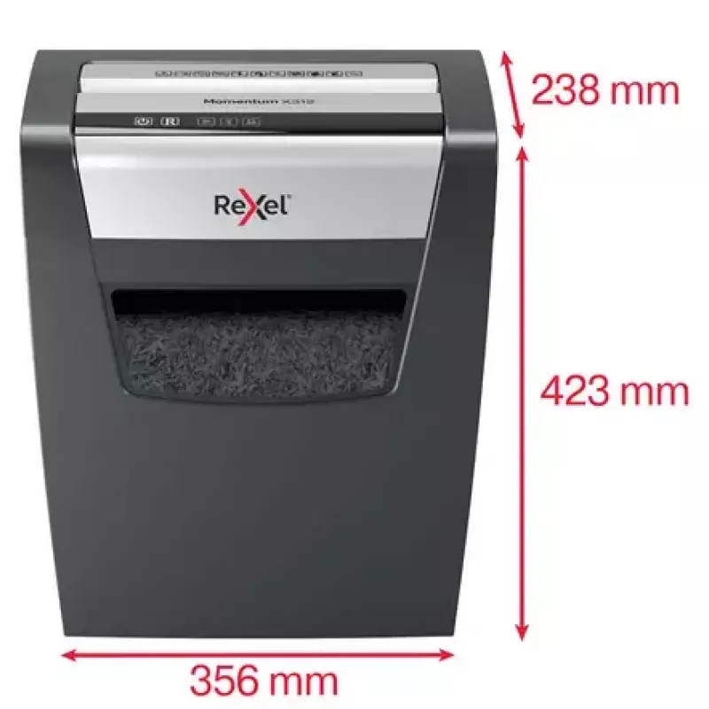 Niszczarka REXEL Momentum X312 — cięcie na cząsteczki P-3, pojemność 12 arkuszy, kosz 23 l, 5 x 42 mm