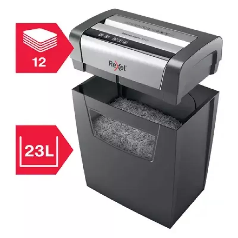 Niszczarka REXEL Momentum X312 — cięcie na cząsteczki P-3, pojemność 12 arkuszy, kosz 23 l, 5 x 42 mm