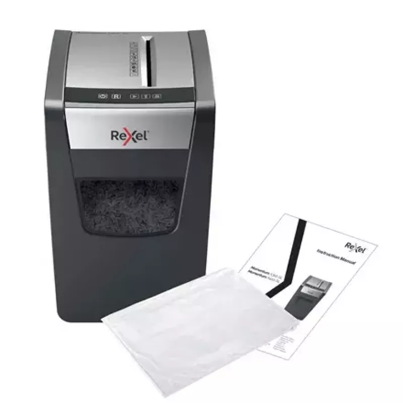 Niszczarka REXEL Momentum X312-SL — cięcie na cząstki 5 x 42 mm, pojemność 12 arkuszy, kosz 23 l, sterowanie przyciskami