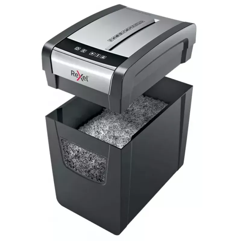 Niszczarka REXEL Momentum X312-SL — cięcie na cząstki 5 x 42 mm, pojemność 12 arkuszy, kosz 23 l, sterowanie przyciskami
