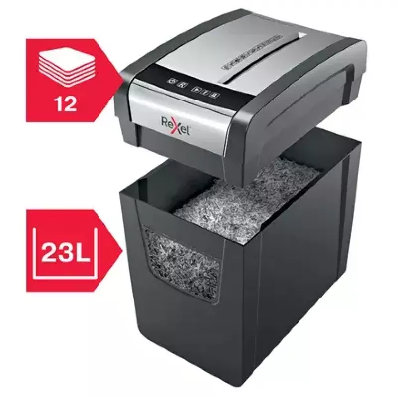 Niszczarka REXEL Momentum X312-SL — cięcie na cząstki 5 x 42 mm, pojemność 12 arkuszy, kosz 23 l, sterowanie przyciskami