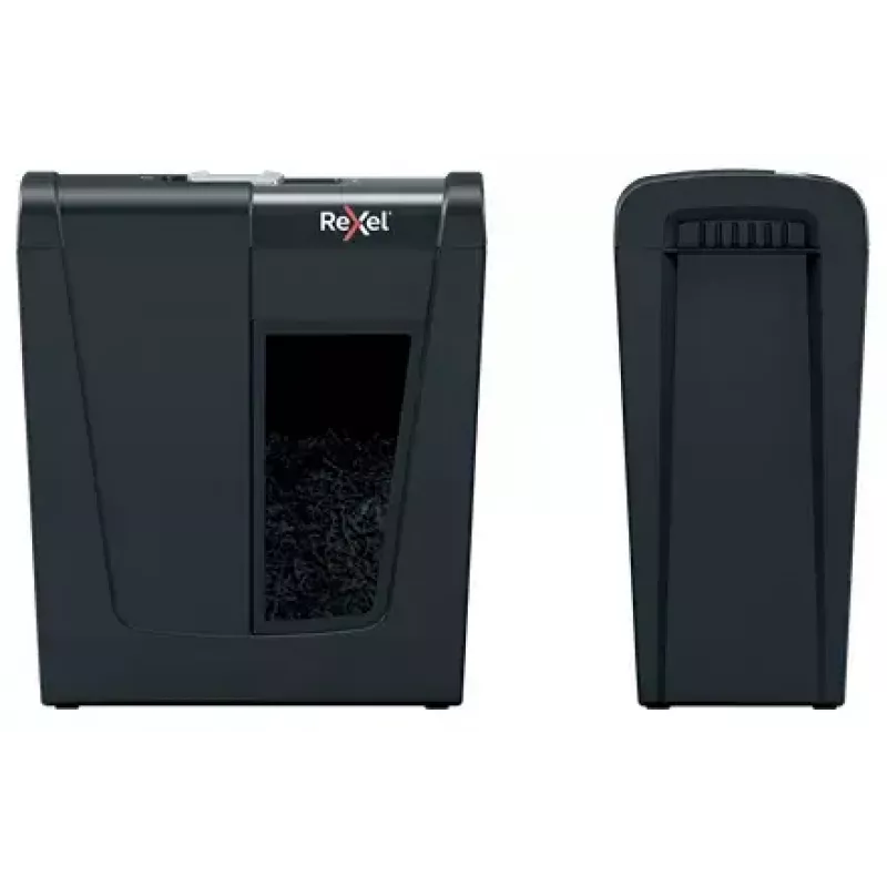 Niszczarka dokumentów REXEL Secure S5 — niszczarka paskowa, pojemność 5 arkuszy, cięcie 6 mm, kosz 10 l, poziom bezpieczeństwa P-2, czarny