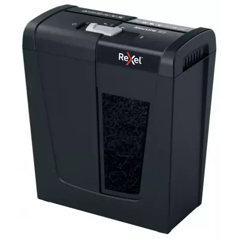 Niszczarka dokumentów REXEL Secure S5 — niszczarka paskowa, pojemność 5 arkuszy, cięcie 6 mm, kosz 10 l, poziom bezpieczeństwa P-2, czarny