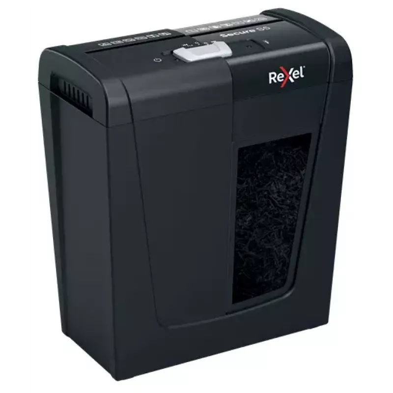 Niszczarka dokumentów REXEL Secure S5 — niszczarka paskowa, pojemność 5 arkuszy, cięcie 6 mm, kosz 10 l, poziom bezpieczeństwa P-2, czarny