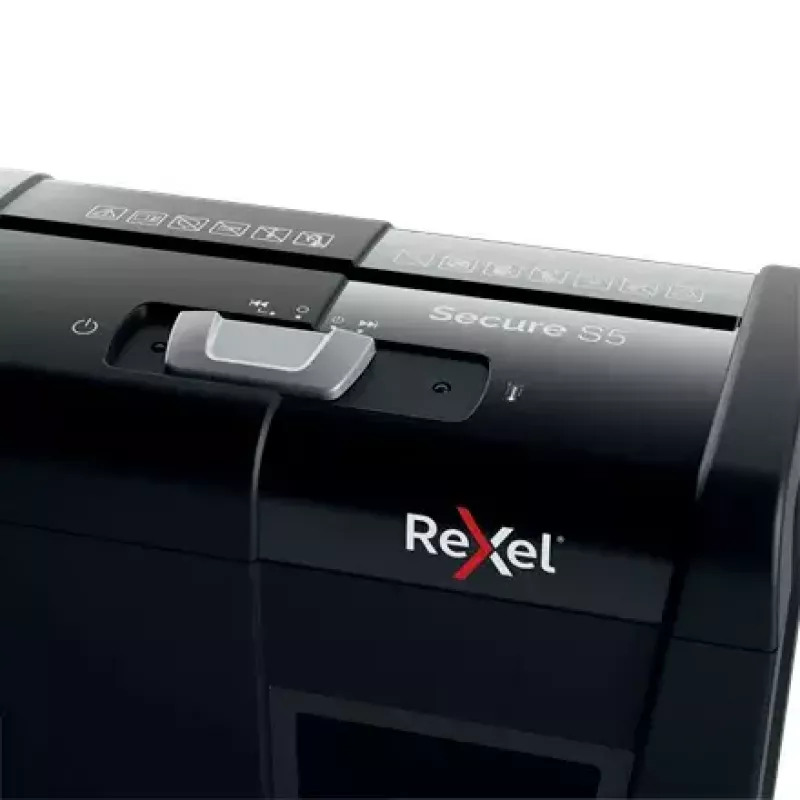 Niszczarka dokumentów REXEL Secure S5 — niszczarka paskowa, pojemność 5 arkuszy, cięcie 6 mm, kosz 10 l, poziom bezpieczeństwa P-2, czarny